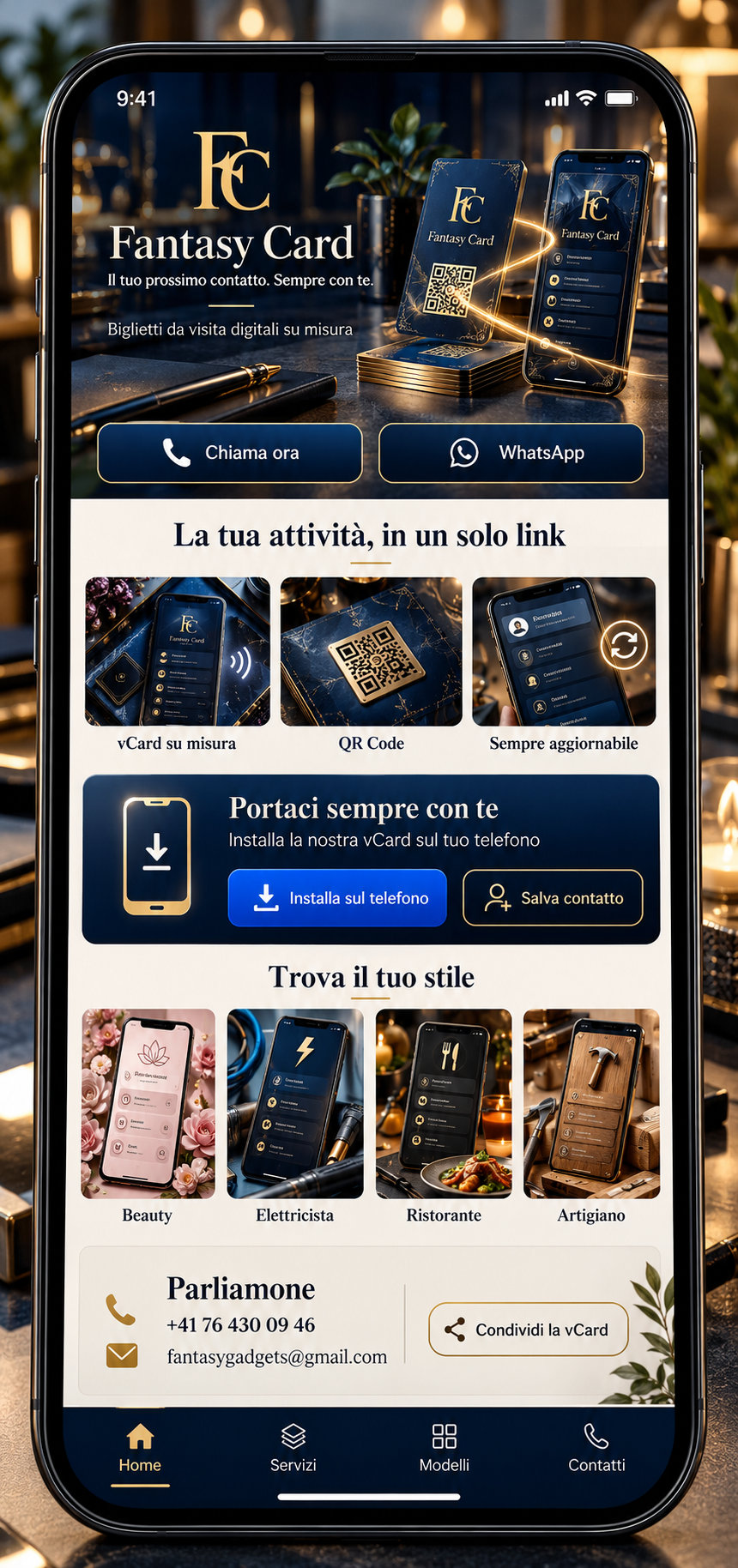 Biglietto digitale Fantasy Card, grafica blu notte e oro